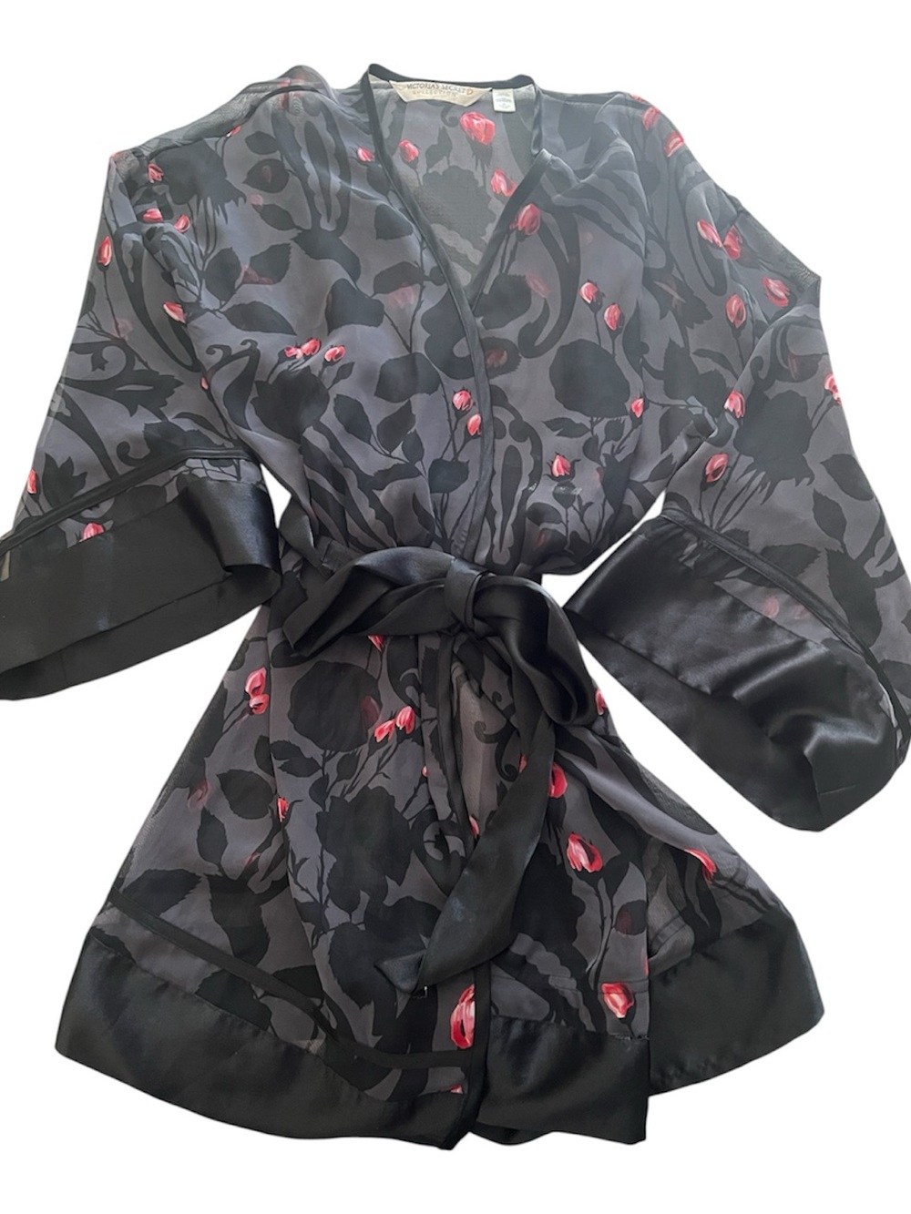 Vintage 90’s Victoria’s Secret Sheer Black Floral-Print Satin-Trim Robe M